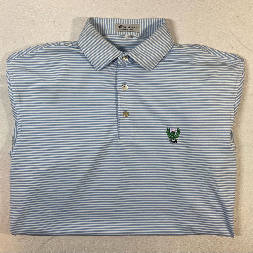 Peter Millar Polo Men Blue Striped Cotton Short Sleeve Golf Shirt - Size Small